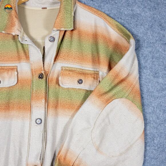 Free People Button Front Shacket Beige Green Ombre Stripes Cottage Women's Sz XL - Picture 10 of 13